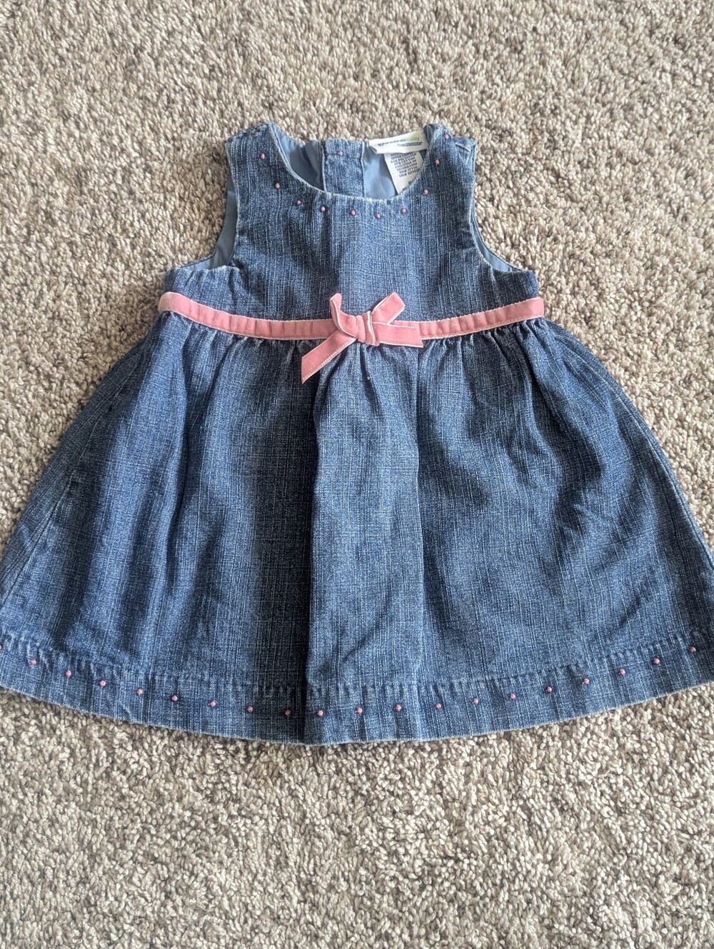 Vintage Genuine Baby From Oshkosh Girl 6M Denim Dress Pink Flocked Ribbon